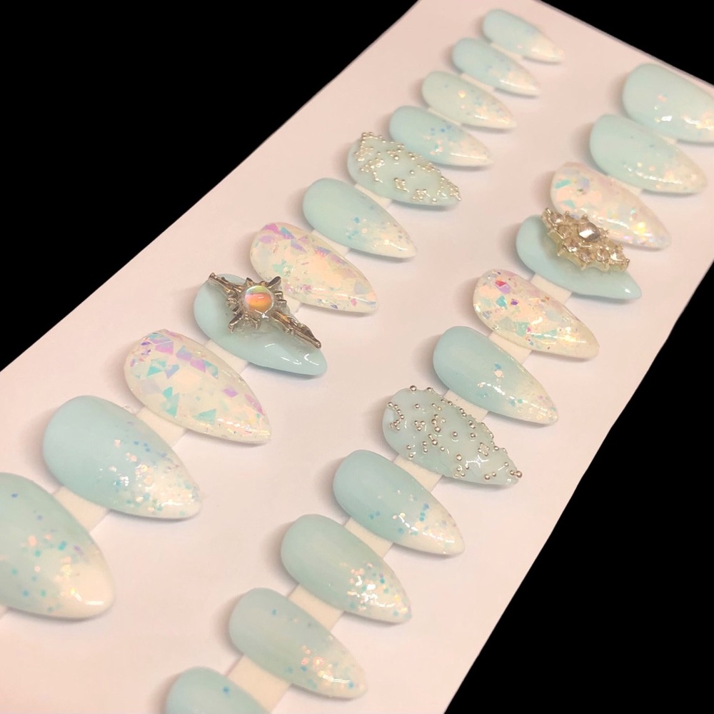 *SOLD* Handmade Custom Press On Nails Short Almond Shape Baby Blue French Tip - Picture 9 of 10